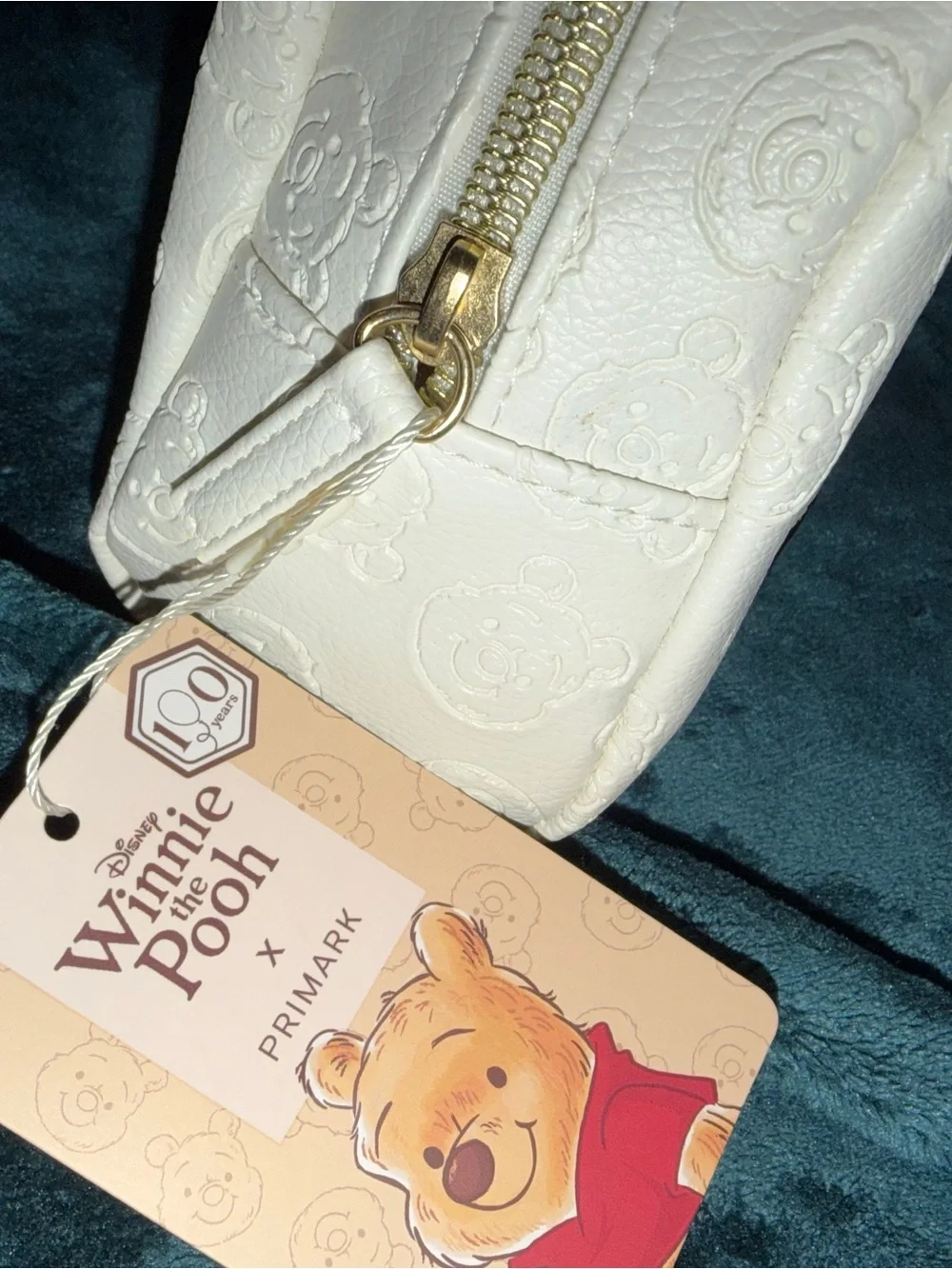 Primark White Winnie the Pooh Embossed Zip Pouch with Gold Hardware